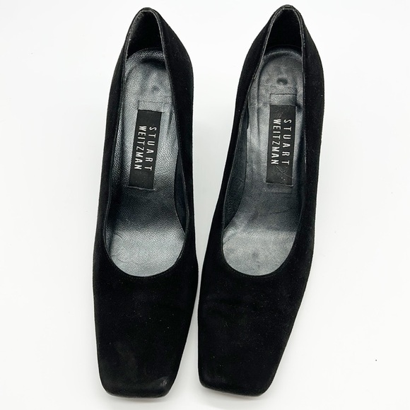 Stuart Weitzman Black Suede Heels Women's 7.5 B Patent Heel Square Toe - Picture 3 of 9